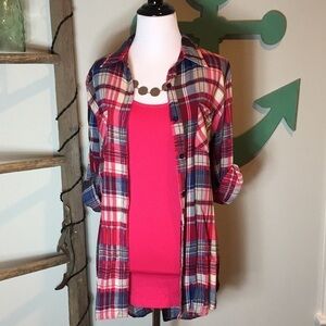 Blue and pink plaid silky high-lo shirt